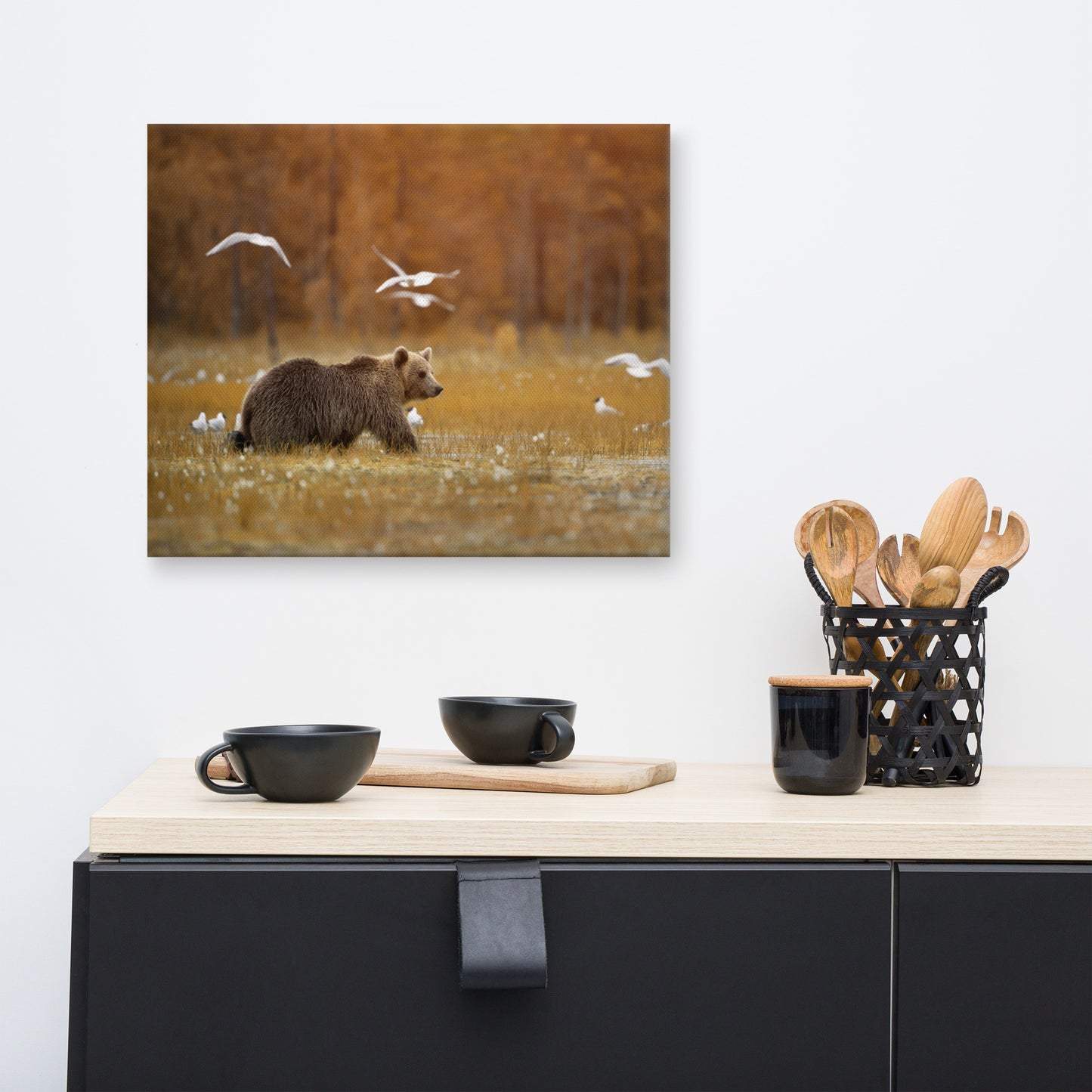 Big Brown Bear Crossing The Marshlands Rustic Wildlife Landscape Photograph Canvas Wall Art Prints