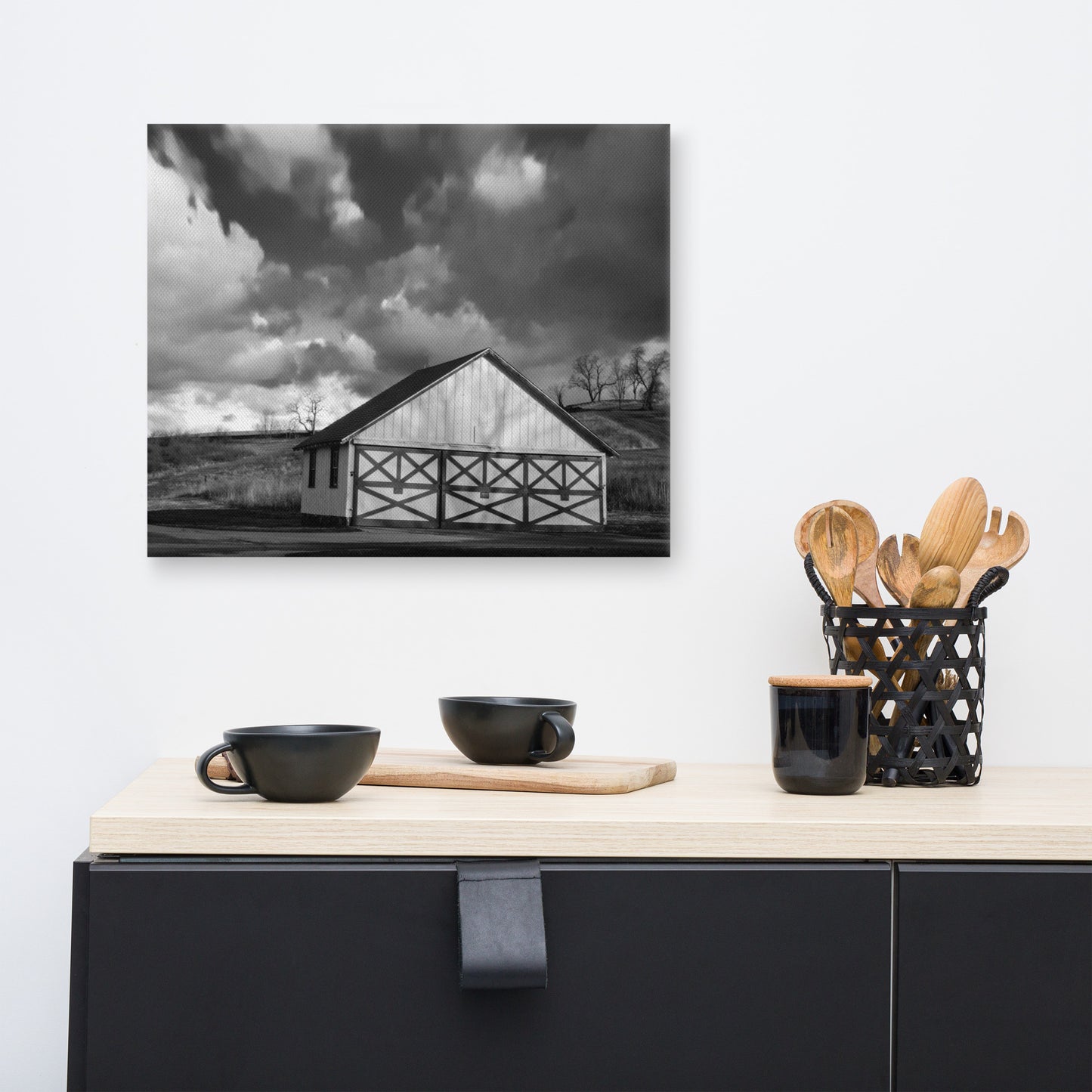 Dining Room Wall Prints: Aging Barn in the Morning Sun Black and White - Rural / Country / Farmhouse Style Landscape / Nature Photograph Canvas Wall Art Print - Wall Decor - Artwork