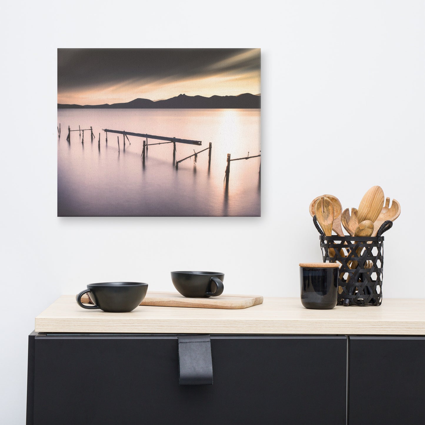 Moody Ruined Pier and Mountain Range Landscape Photo Canvas Wall Art Prints