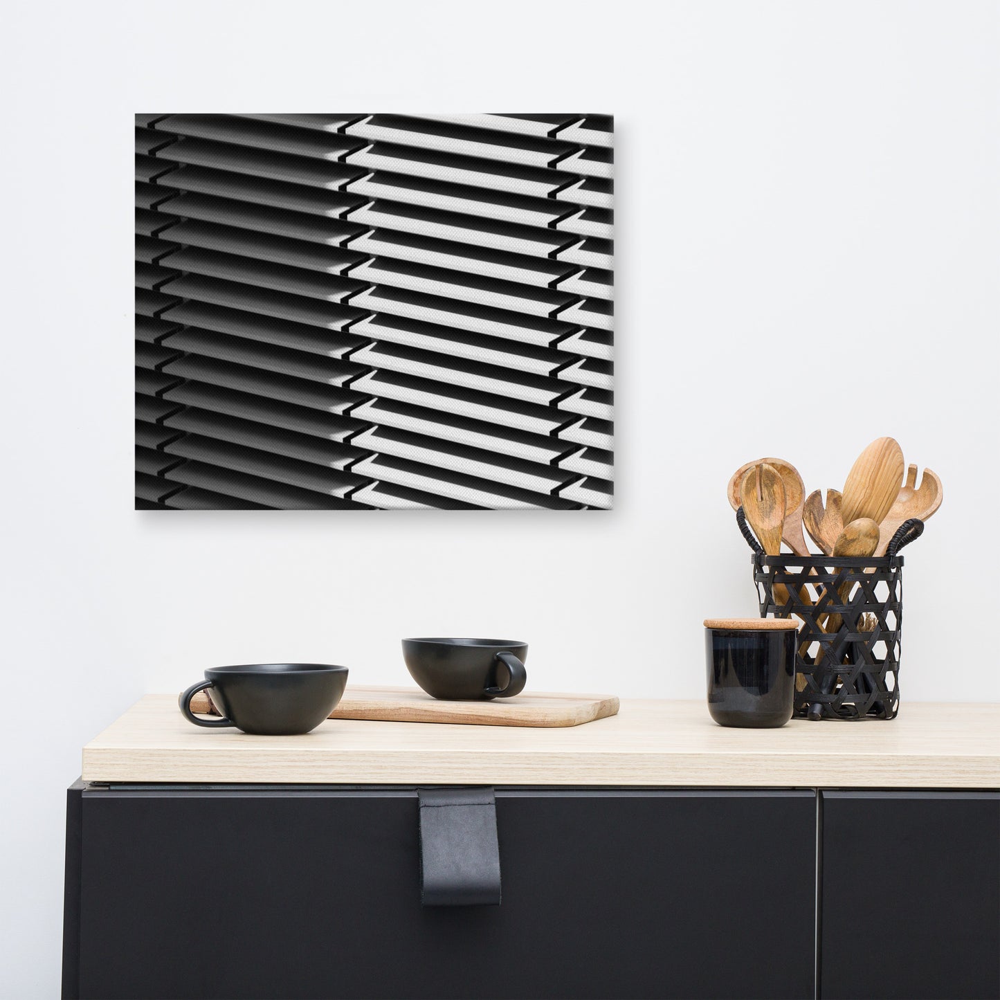Black and White Minimal Line and Shadow Pattern Canvas Wall Art Print
