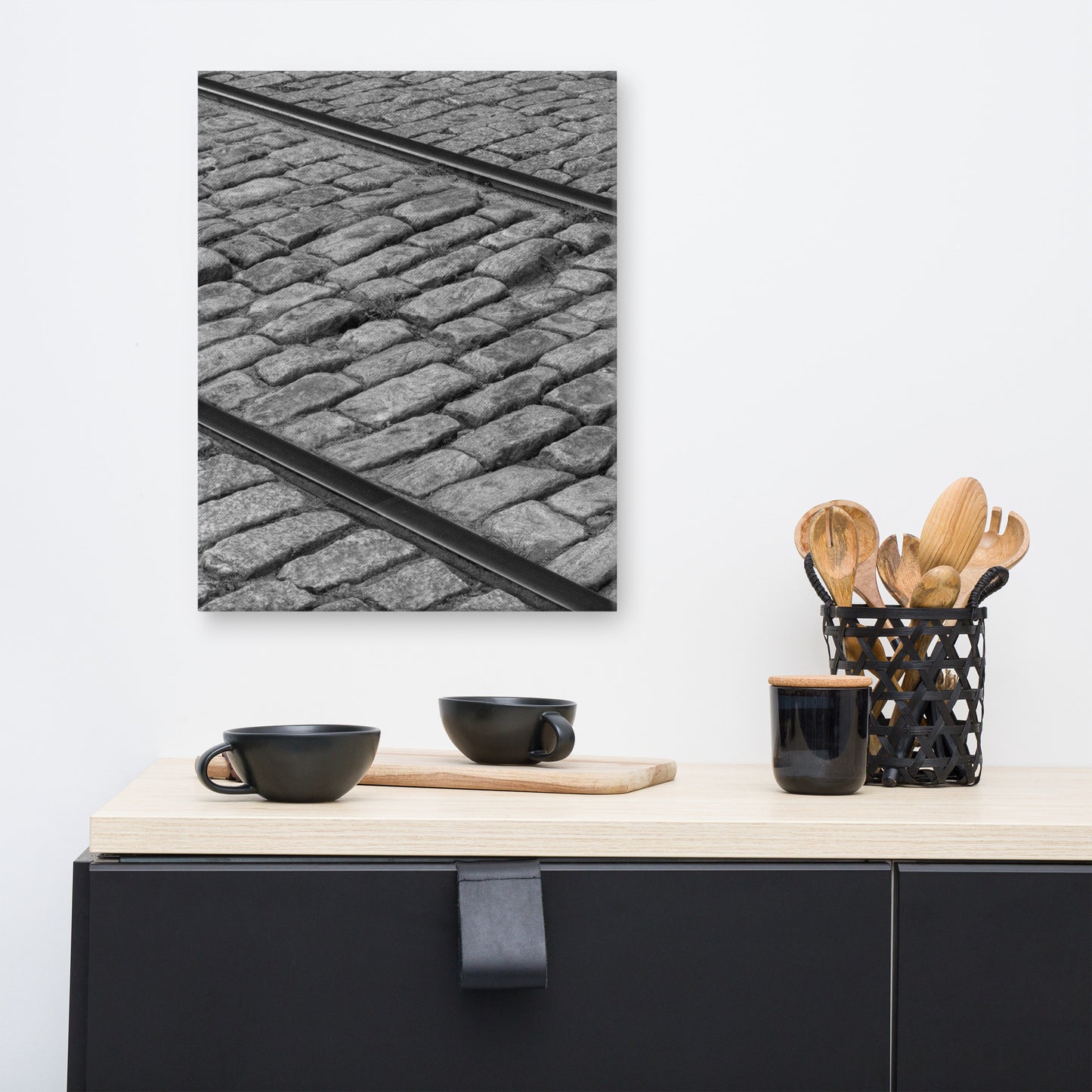 Black and White Train Tracks Cobble Stone River Street Savannah GA Canvas Wall Art Prints