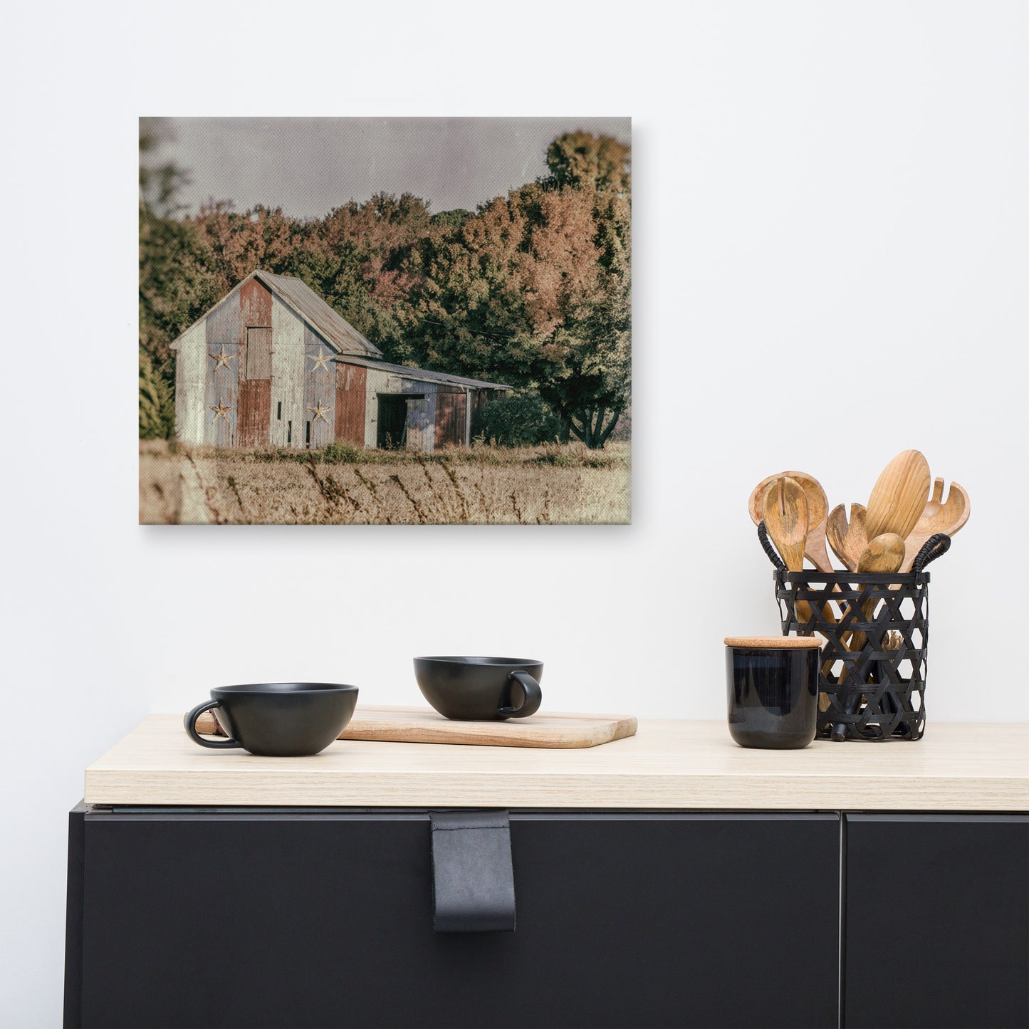 Patriotic Barn in Field Glass Plate Rustic Landscape Photograph Canvas Wall Art Prints