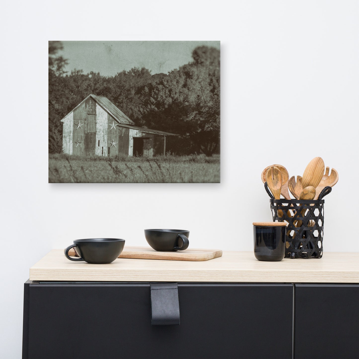 Patriotic Barn in Field Vintage Black and White Rural Landscape Canvas Wall Art Prints