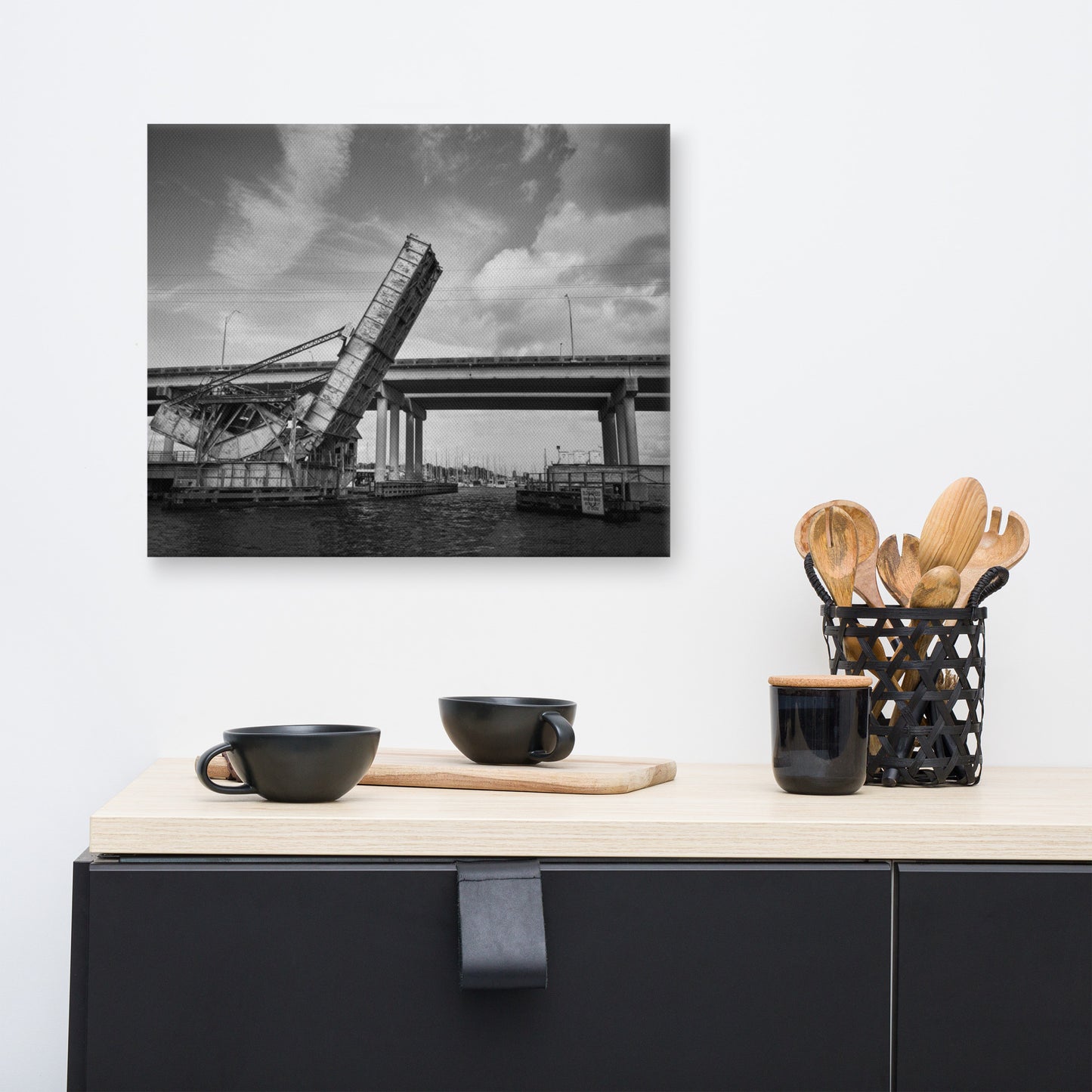 Train Drawbridge Jacksonville Black and White Cityscape Photo Canvas Wall Art Print