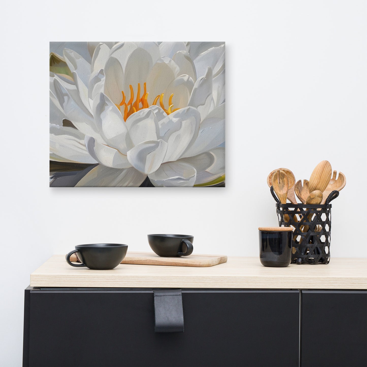 Peaceful White Waterlily Floral Botanical Digital Artwork Canvas Wall Art Print