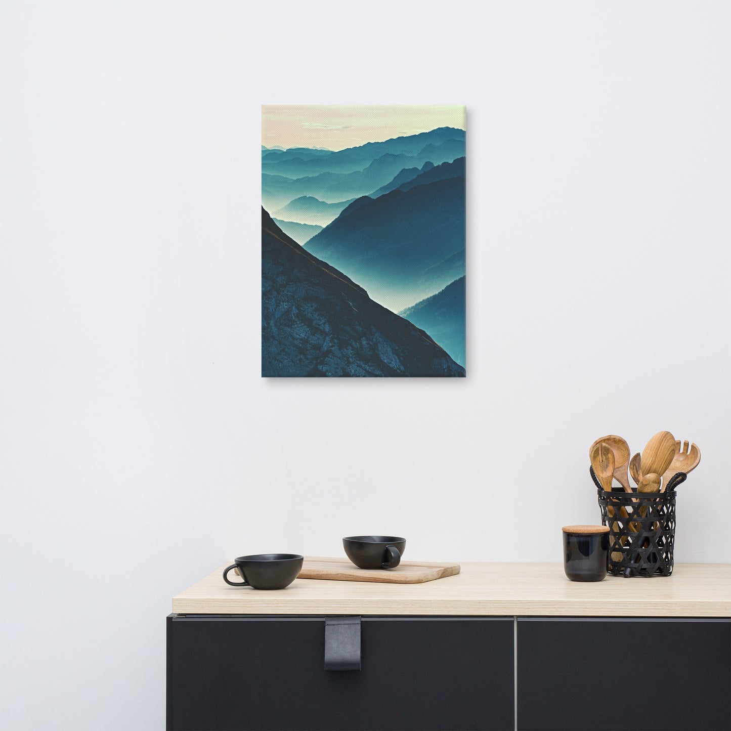 Misty Blue Silhouette Mountain Range Rural Landscape Canvas Wall Art Prints