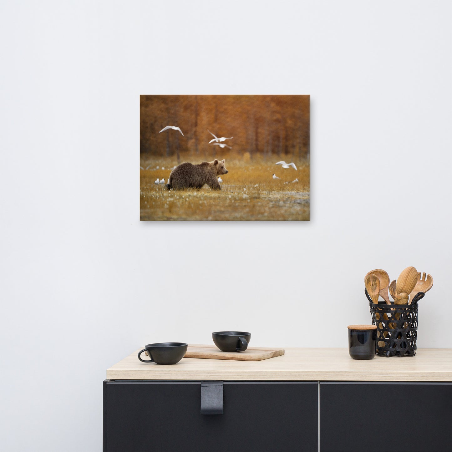 Big Brown Bear Crossing The Marshlands Rustic Wildlife Landscape Photograph Canvas Wall Art Prints