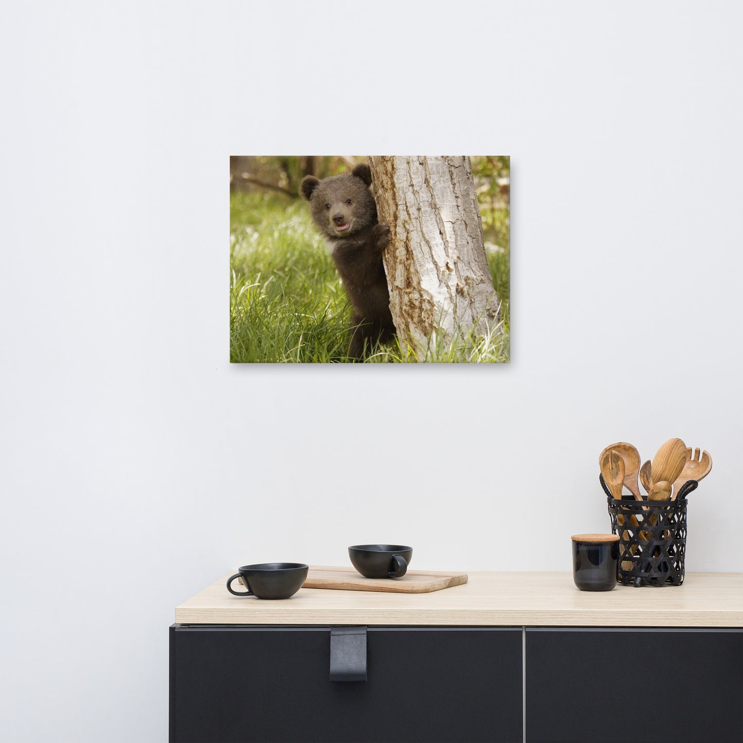 Cute Baby Grizzly Bear Cub Behind Tree In Meadow Animal Wildlife Photograph Canvas Wall Art Prints