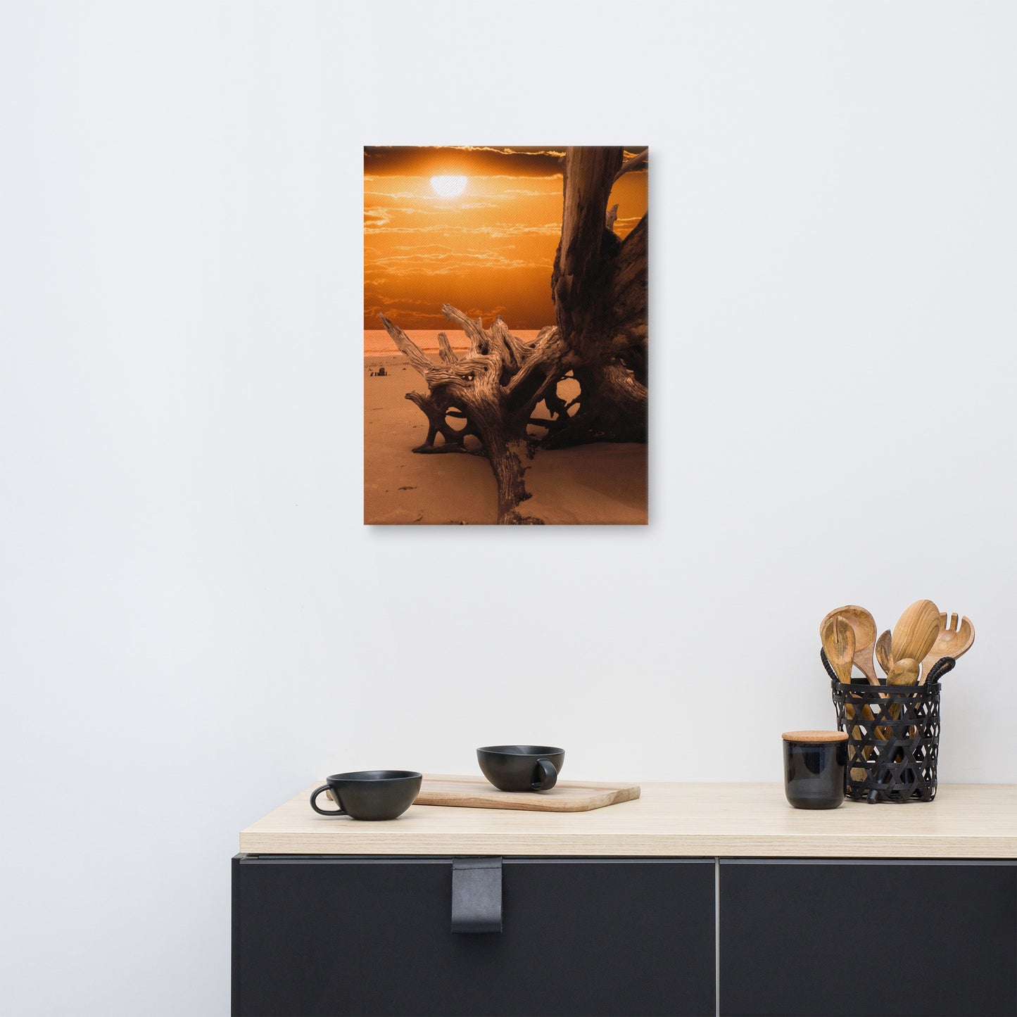 Dried Tree Roots and Sunrise Boneyard Beach Florida 2 Rustic Coastal Landscape Photo Canvas Wall Art Print