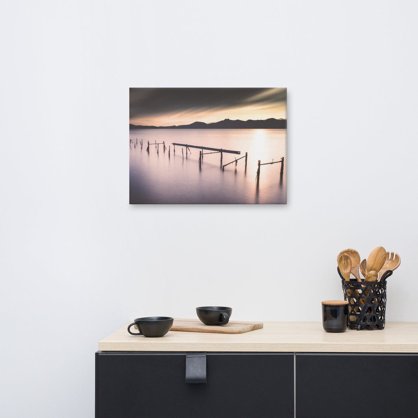 Moody Ruined Pier and Mountain Range Landscape Photo Canvas Wall Art Prints