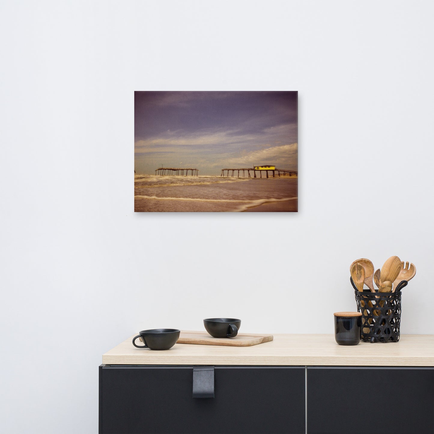 Canvas Wall Art Beach Scenes: Aged View of the Frisco Pier Beach / Coastal / Seascape / Rustic / Nature / Landscape Photograph Canvas Wall Art Print - Wall Decor - Artwork