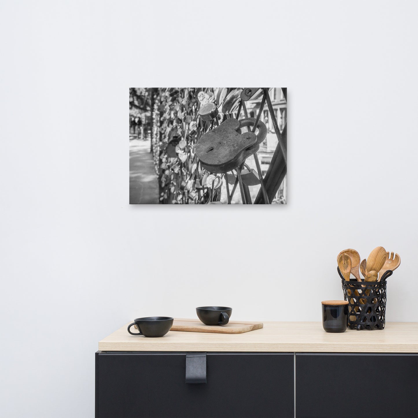 Black and White Love Lock Bridge River Street Savannah GA Canvas Wall Art Print