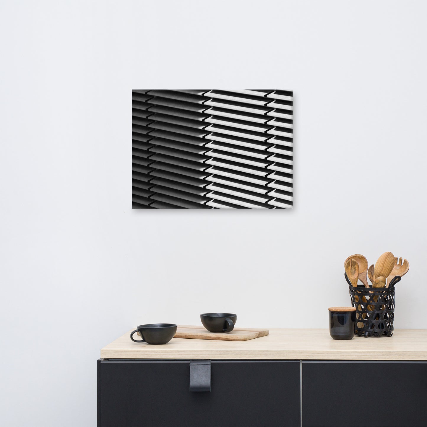 Black and White Minimal Line and Shadow Pattern Canvas Wall Art Print