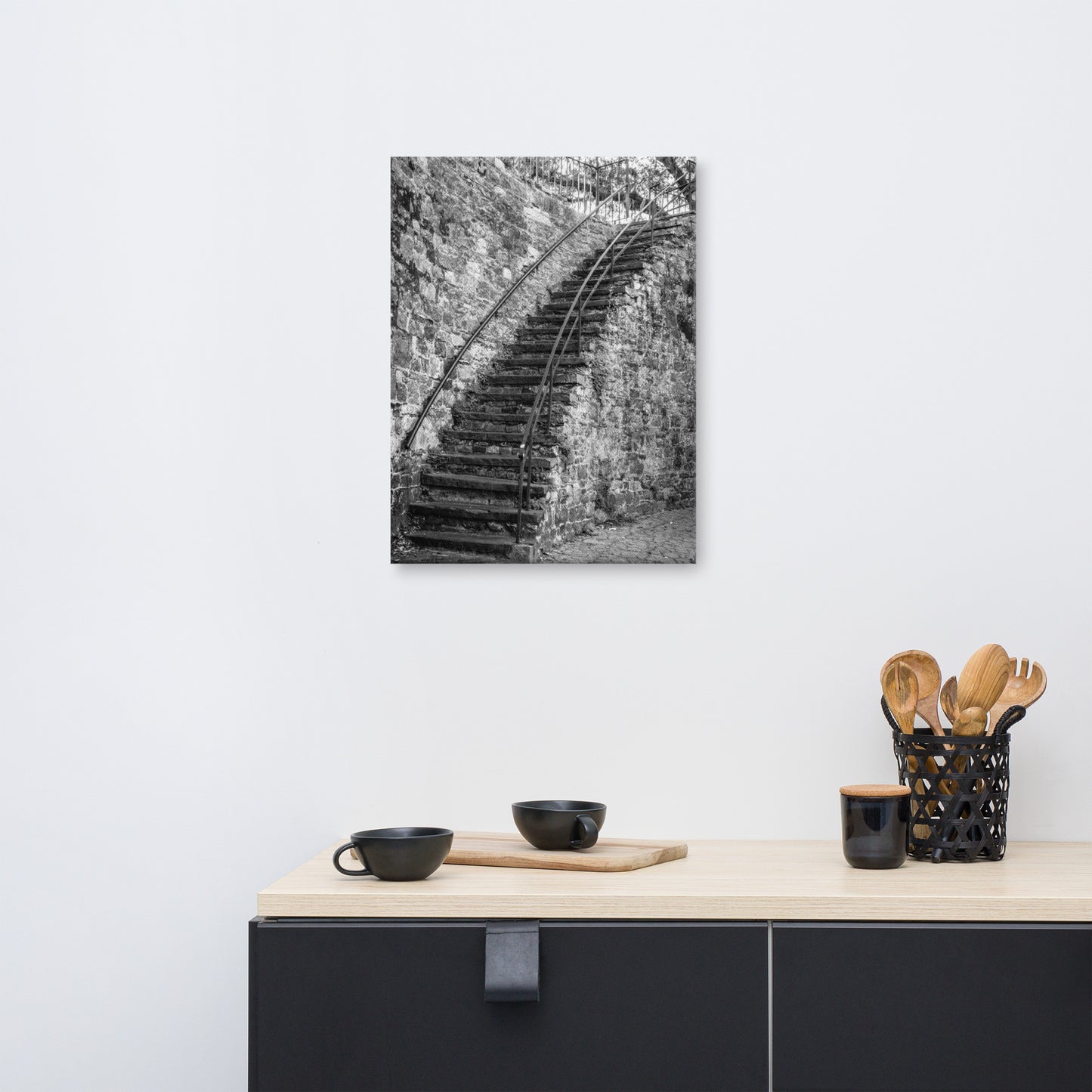 Black and White Old Stone Stairs River Street Savannah GA Canvas Wall Art Prints