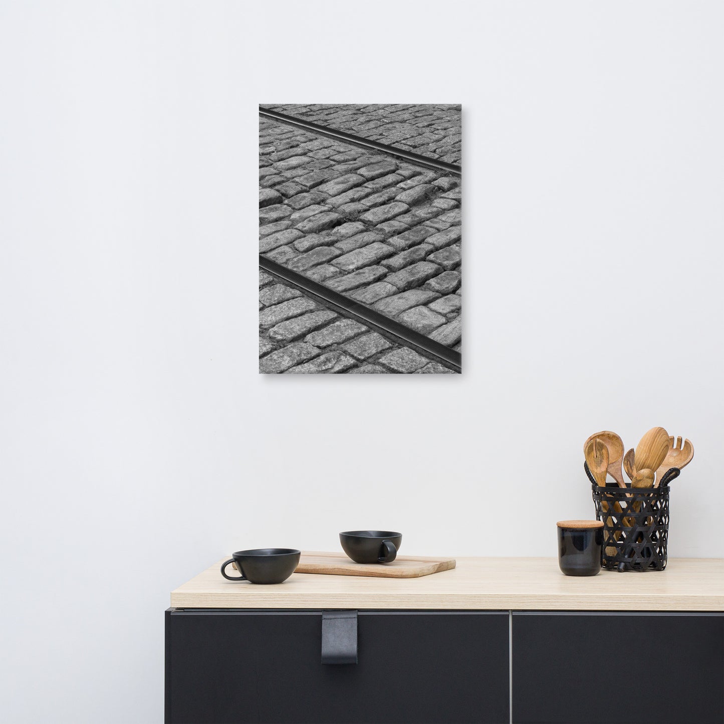 Black and White Train Tracks Cobble Stone River Street Savannah GA Canvas Wall Art Prints