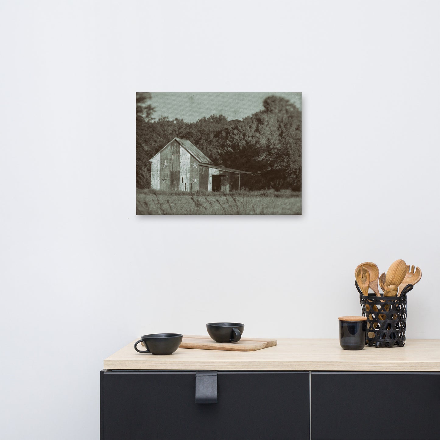 Patriotic Barn in Field Vintage Black and White Rural Landscape Canvas Wall Art Prints