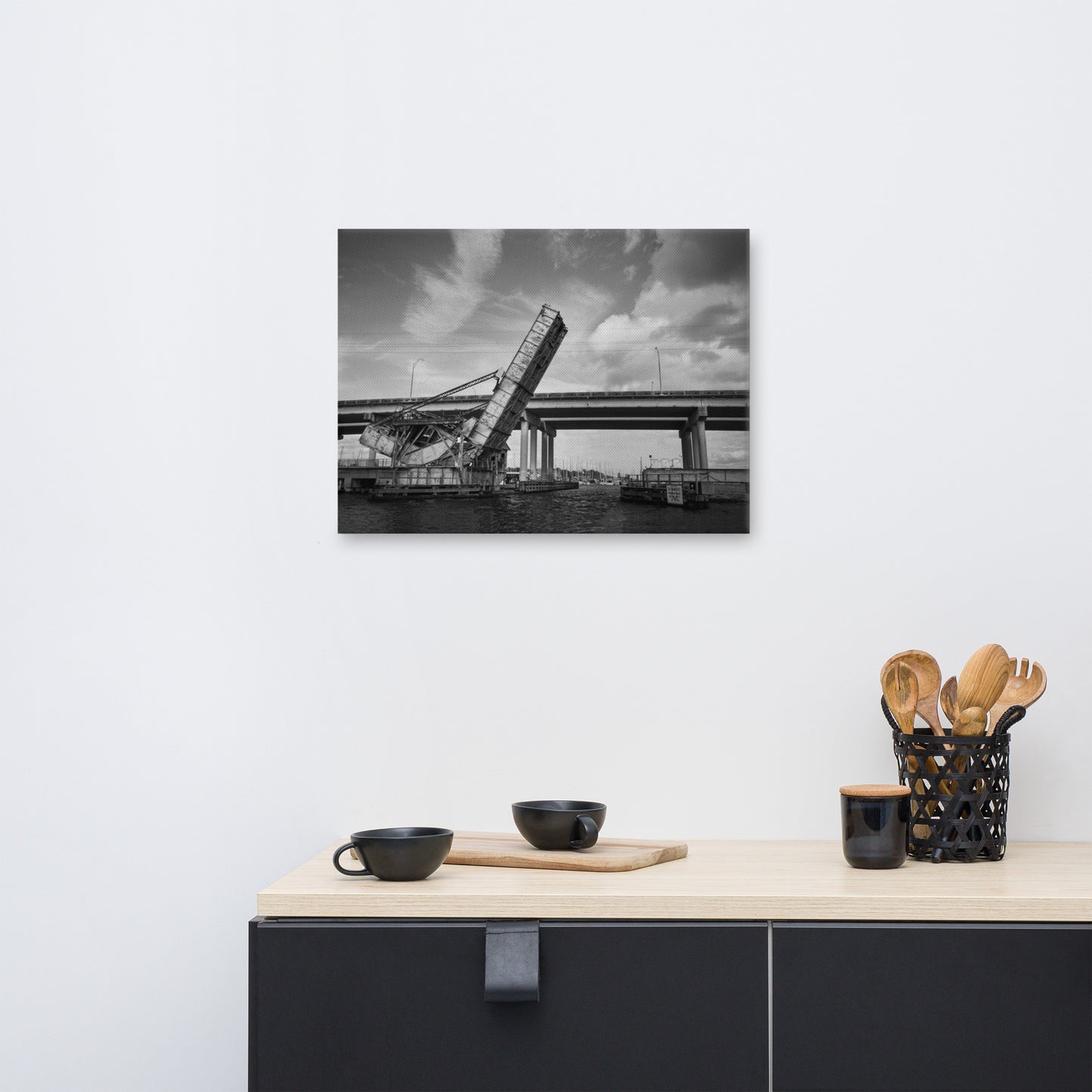 Train Drawbridge Jacksonville Black and White Cityscape Photo Canvas Wall Art Print