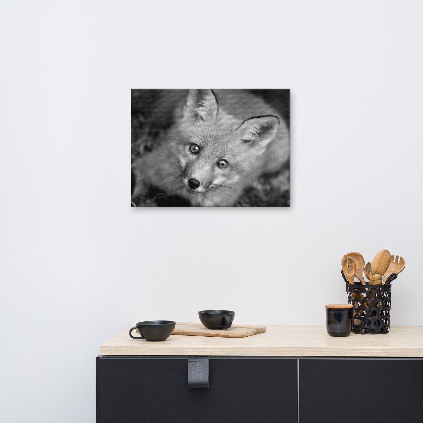 Young Red Fox Face Black and White Animal Wildlife Nature Photograph Canvas Wall Art Prints
