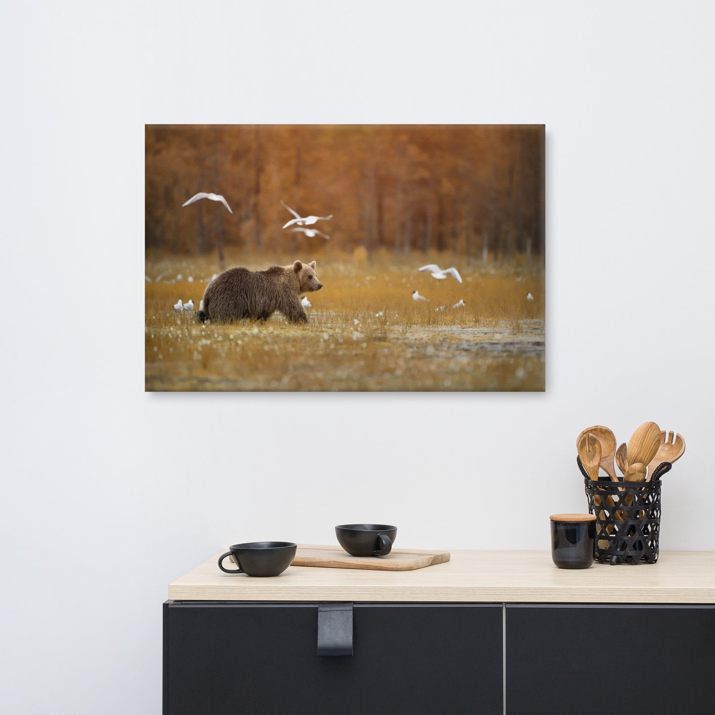 Big Brown Bear Crossing The Marshlands Rustic Wildlife Landscape Photograph Canvas Wall Art Prints
