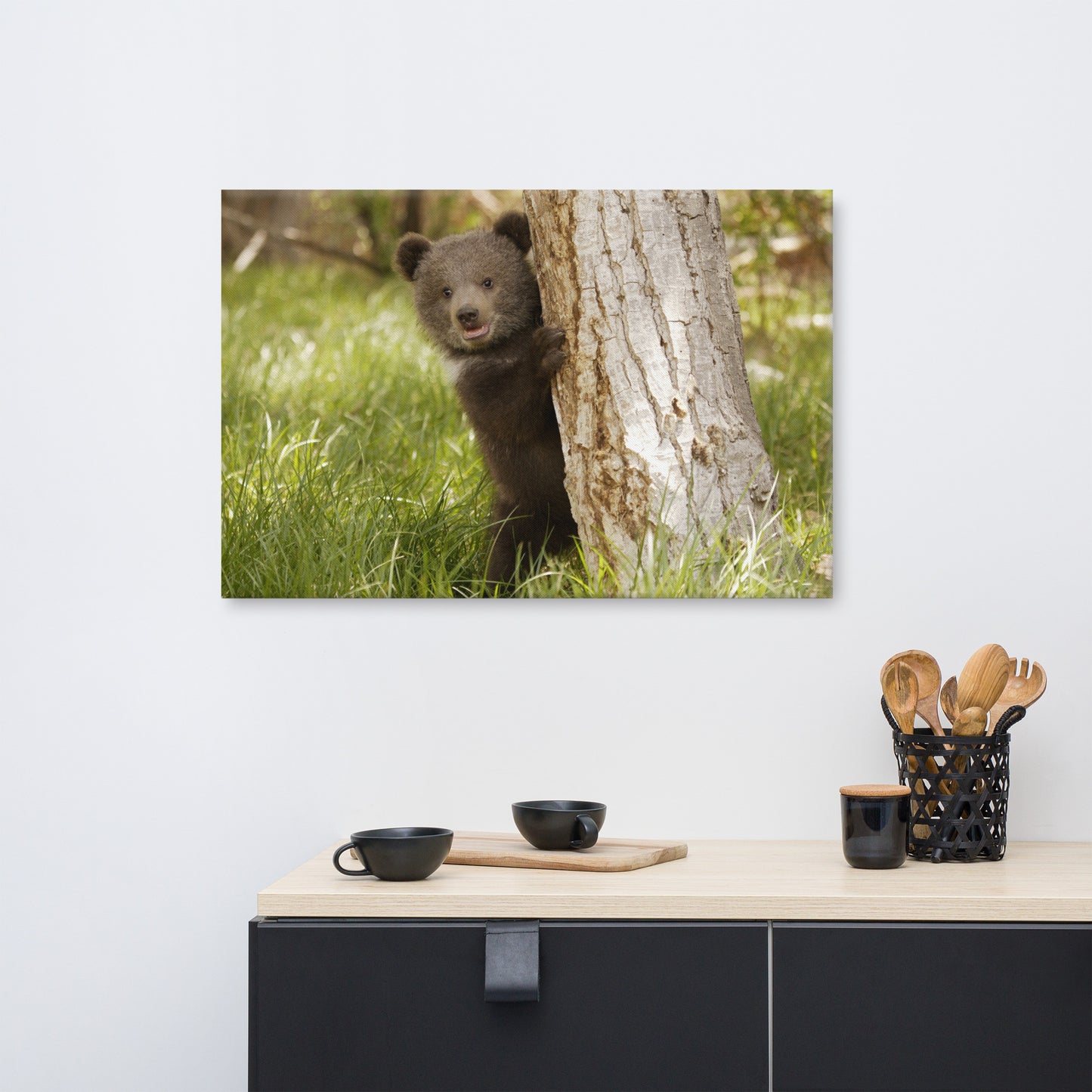 Cute Baby Grizzly Bear Cub Behind Tree In Meadow Animal Wildlife Photograph Canvas Wall Art Prints