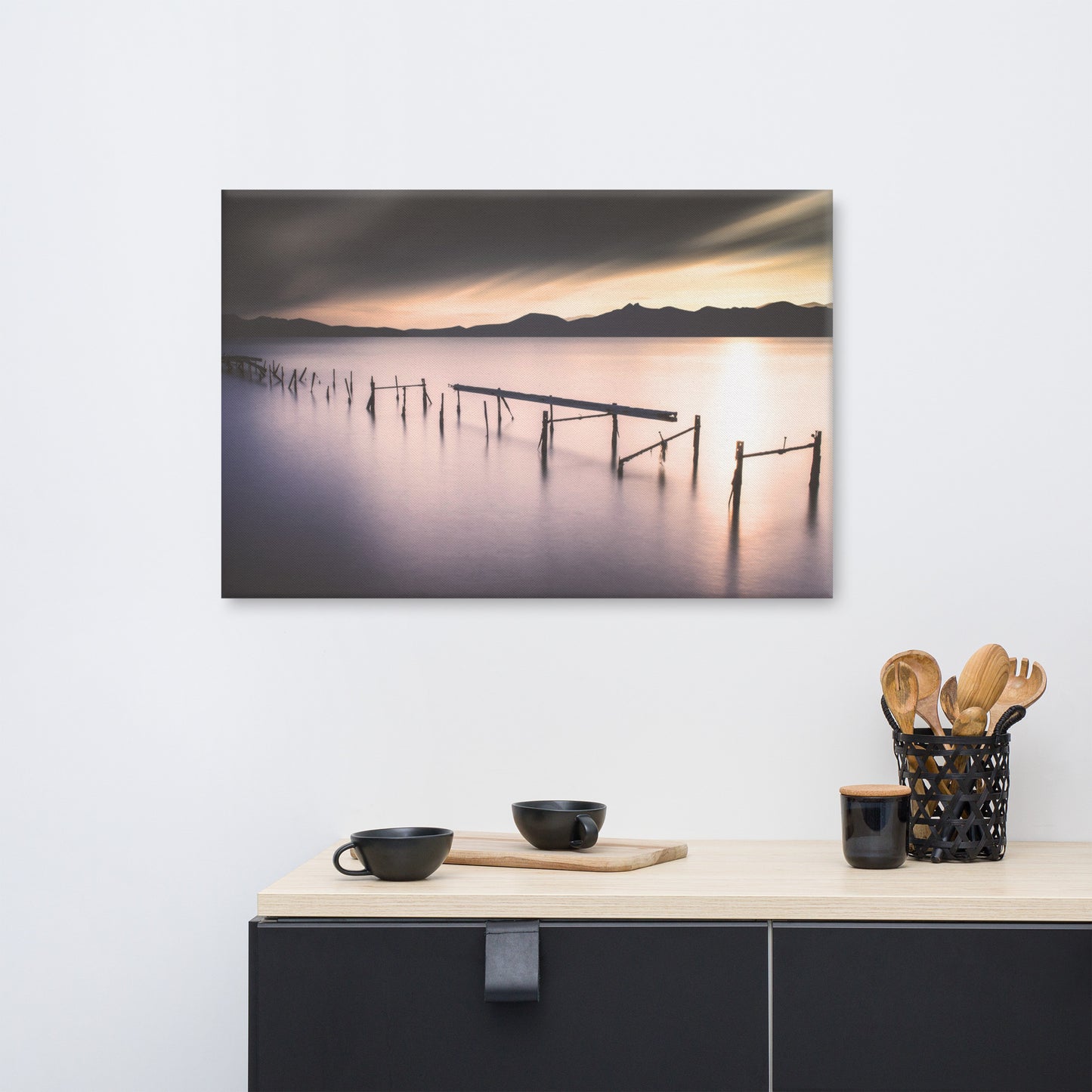 Moody Ruined Pier and Mountain Range Landscape Photo Canvas Wall Art Prints