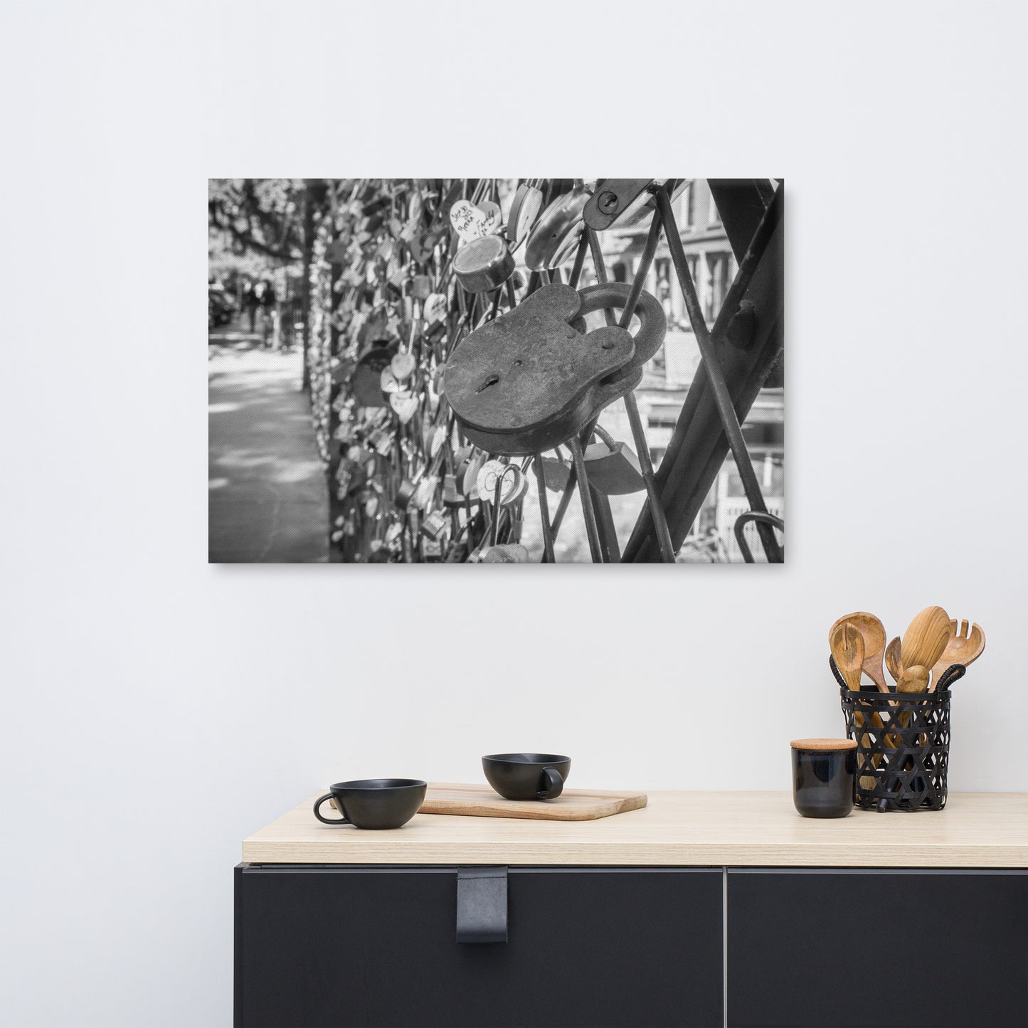 Black and White Love Lock Bridge River Street Savannah GA Canvas Wall Art Print