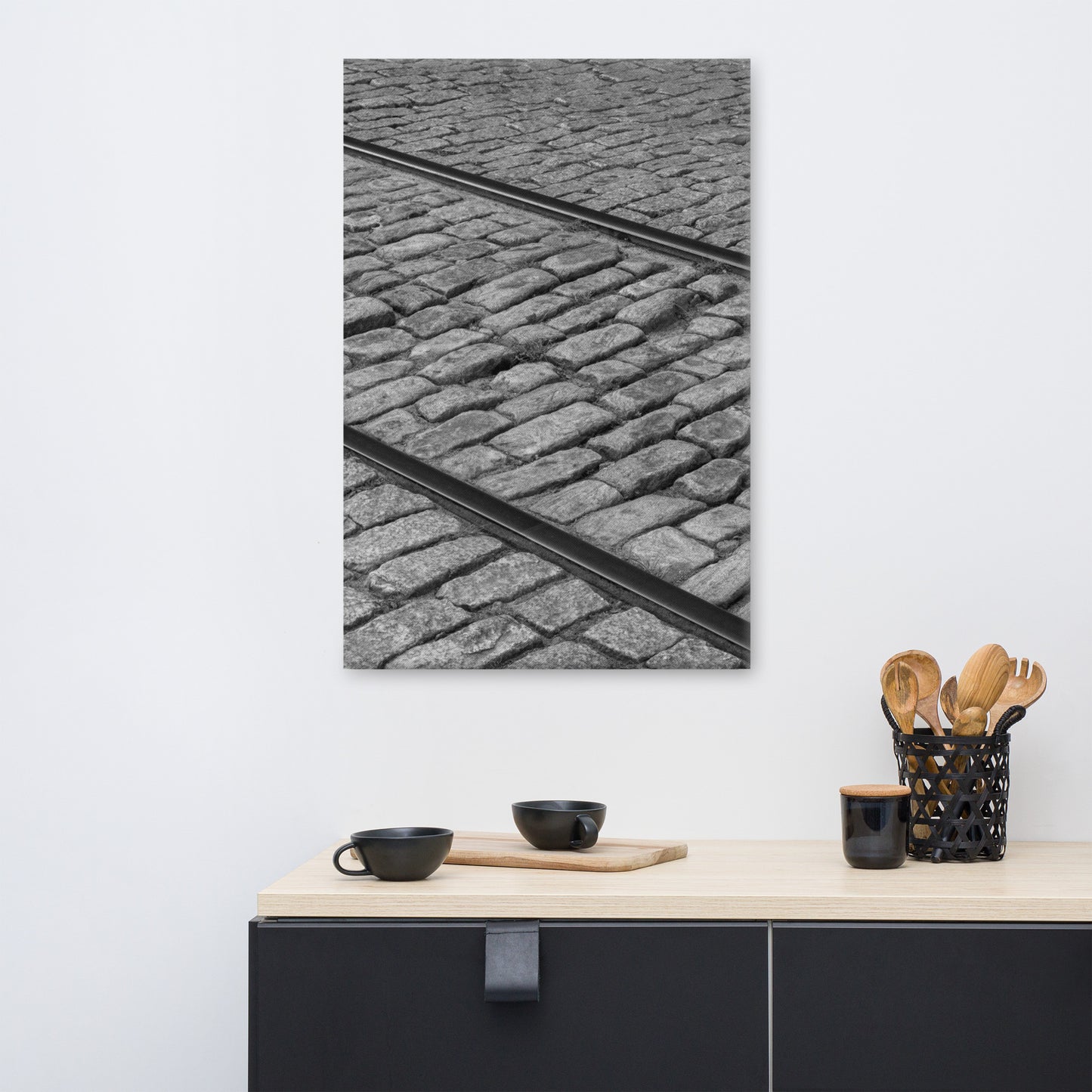 Black and White Train Tracks Cobble Stone River Street Savannah GA Canvas Wall Art Prints
