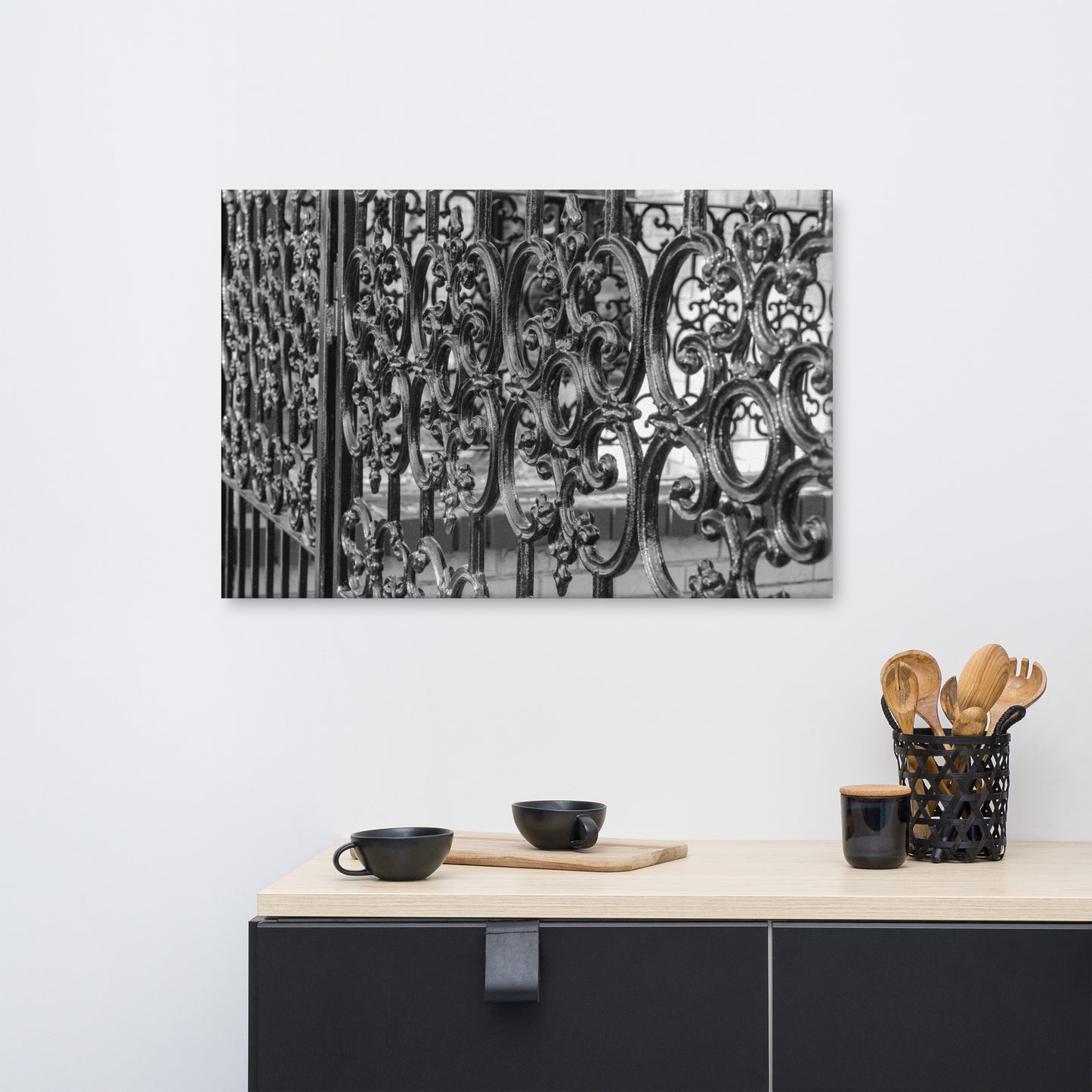 Black and White Old Wrought Iron Fence Savannah Ga Canvas Wall Art Prints