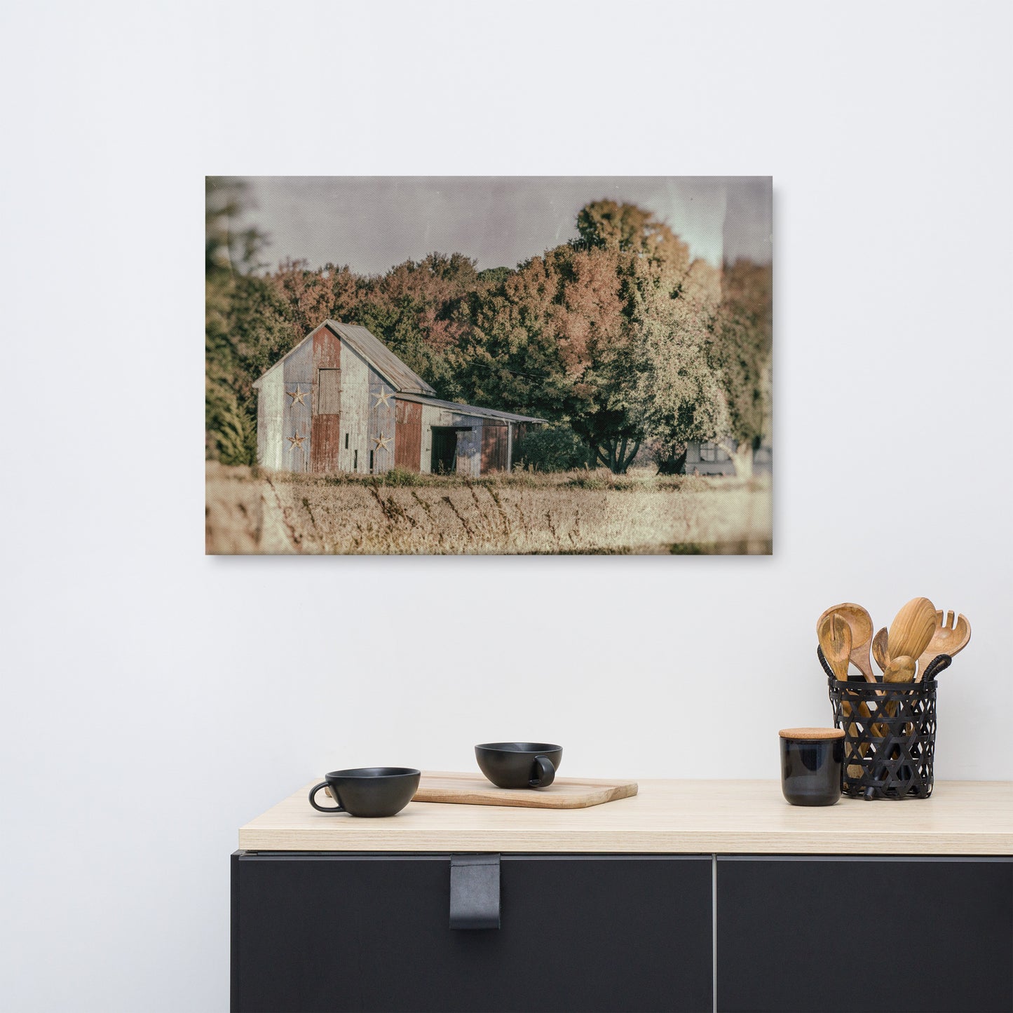 Patriotic Barn in Field Glass Plate Rustic Landscape Photograph Canvas Wall Art Prints