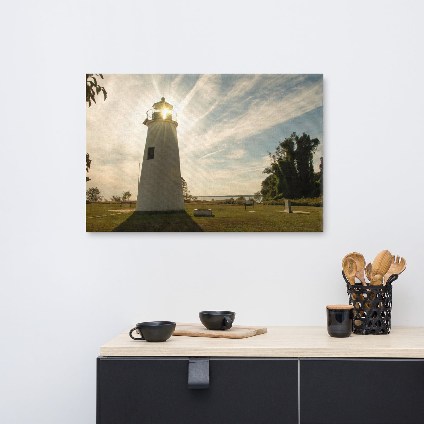 Turkey Point Lighthouse with Sun Flare Horizontal Canvas Wall Art Prints