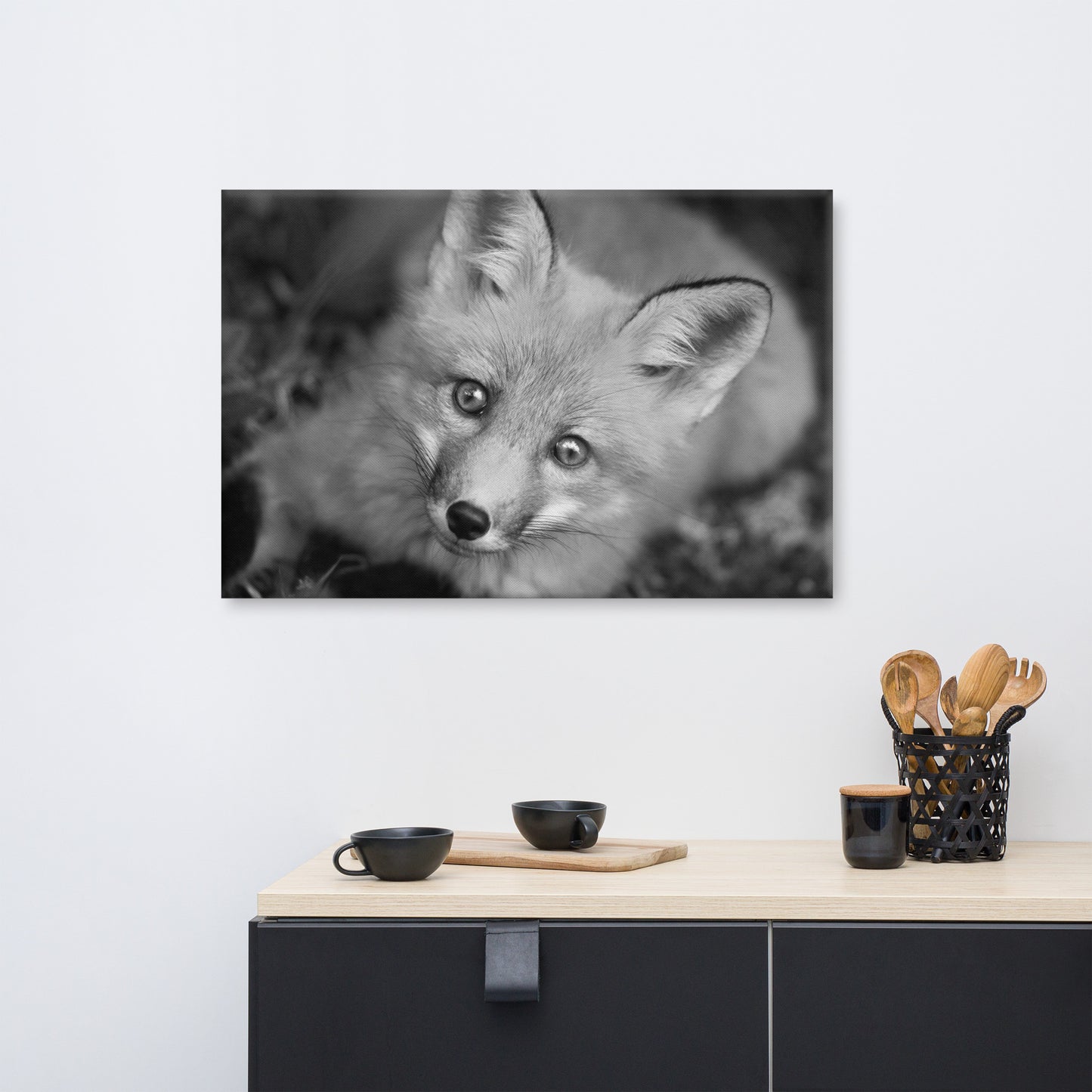 Young Red Fox Face Black and White Animal Wildlife Nature Photograph Canvas Wall Art Prints