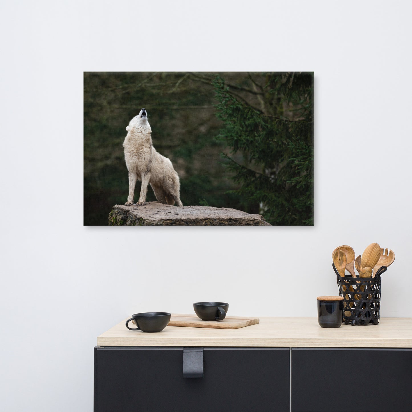 Howling White Wolf In The Forest Animal Wildlife Photograph Canvas Wall Art Print