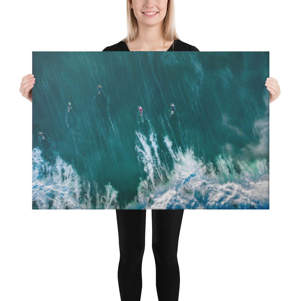 Conquering Giants: Bali's Surf Legends Coastal Lifestyle Abstract Nature Photograph Canvas Wall Art Print