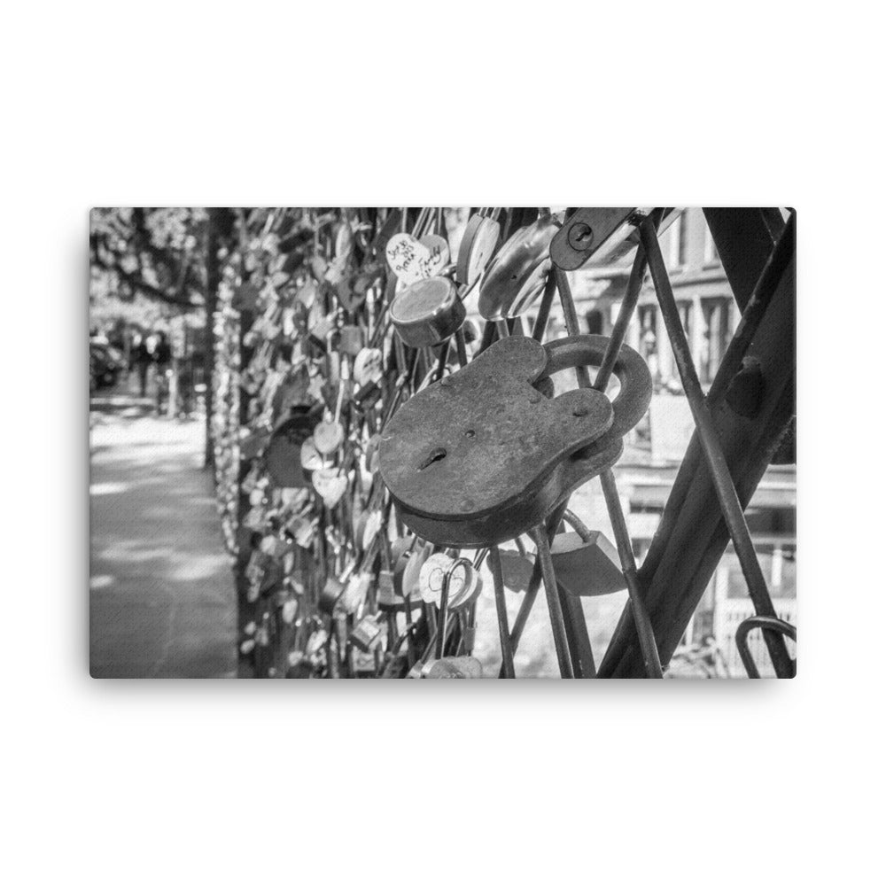 Black and White Love Lock Bridge River Street Savannah GA Canvas Wall Art Print