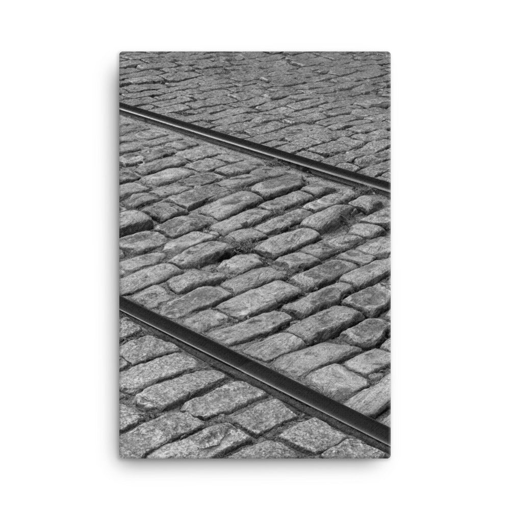 Black and White Train Tracks Cobble Stone River Street Savannah GA Canvas Wall Art Prints