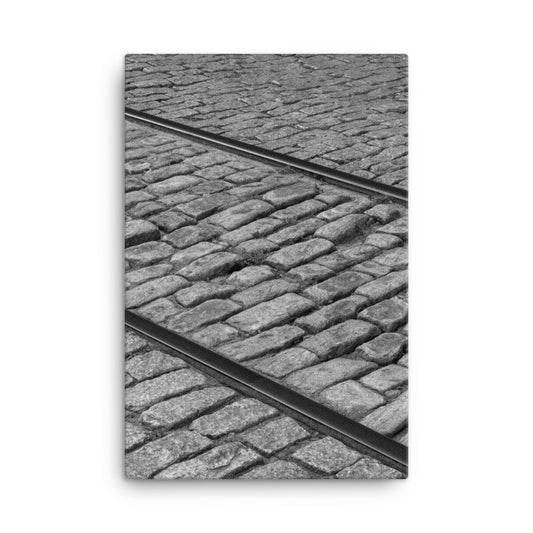 Black and White Train Tracks Cobble Stone River Street Savannah GA Canvas Wall Art Prints