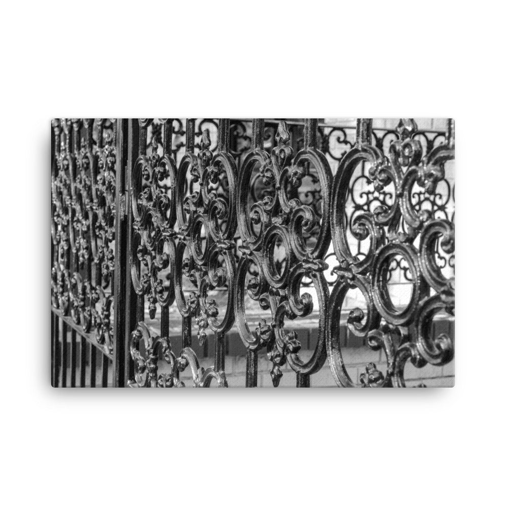 Black and White Old Wrought Iron Fence Savannah Ga Canvas Wall Art Prints