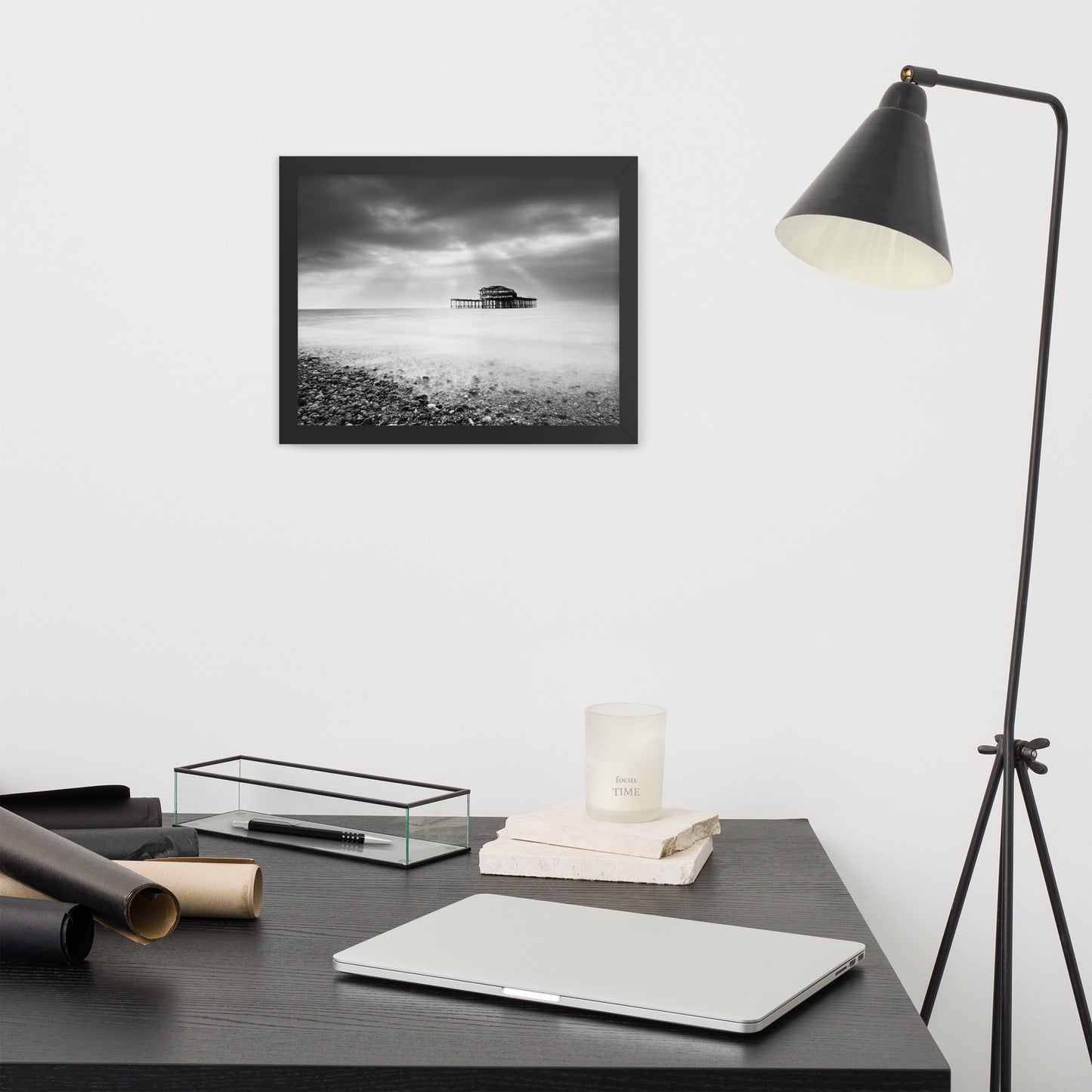 Art For Home Office Walls: Abandoned West Pier Coastal Seascape Landscape Black and White Photograph Framed Wall Art Print