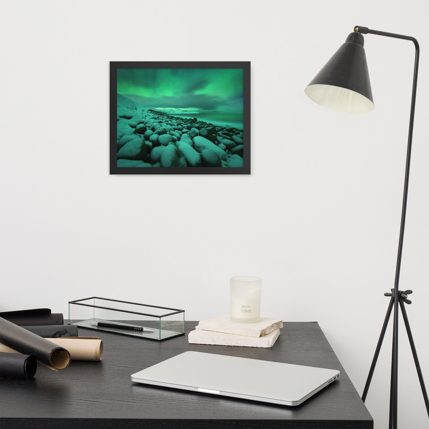 Black Office Art: Aurora Borealis Over Ocean in Teriberka Night - Coastal / Beach / Seascape / Nature / Landscape Photo Framed Wall Art Print - Artwork