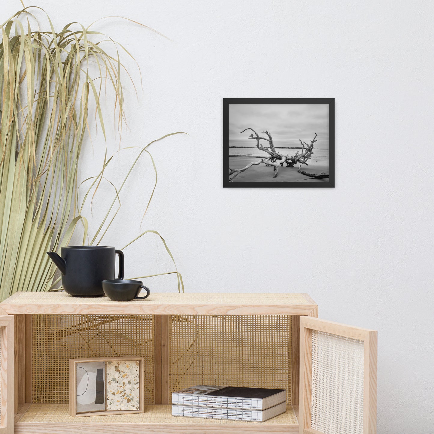 Driftwood on Boneyard Beach Florida 3 Black and White Rustic Coastal Landscape Photo Framed Wall Art Print