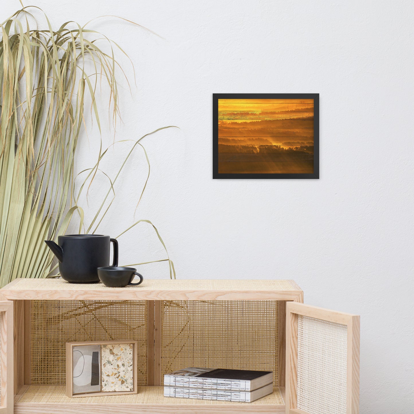 Faux Wood Golden Mist Valley - Hills & Mountain Range Framed Photo Wall Art Prints