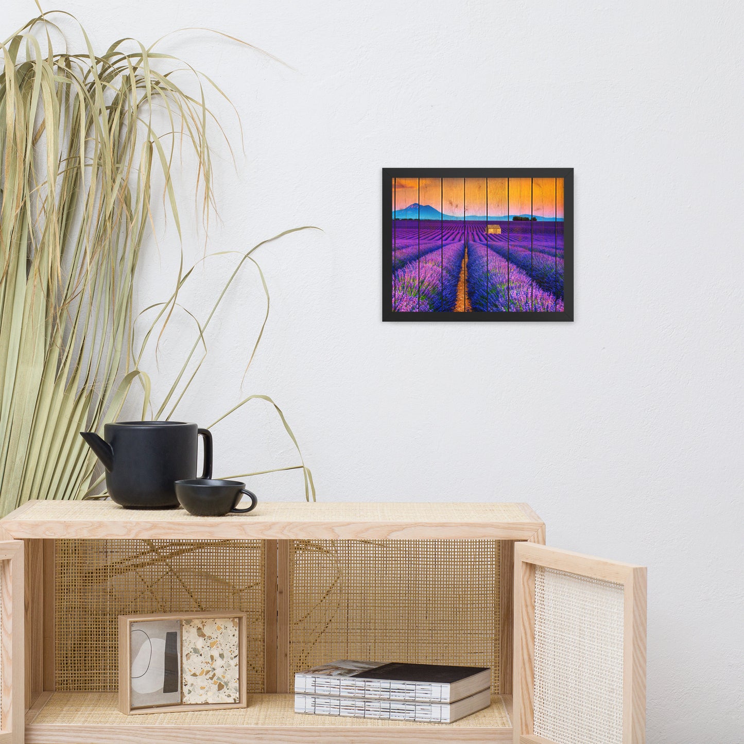 Faux Wood Lavender Fields and Sunset Landscape Framed Photo Paper Wall Art Prints