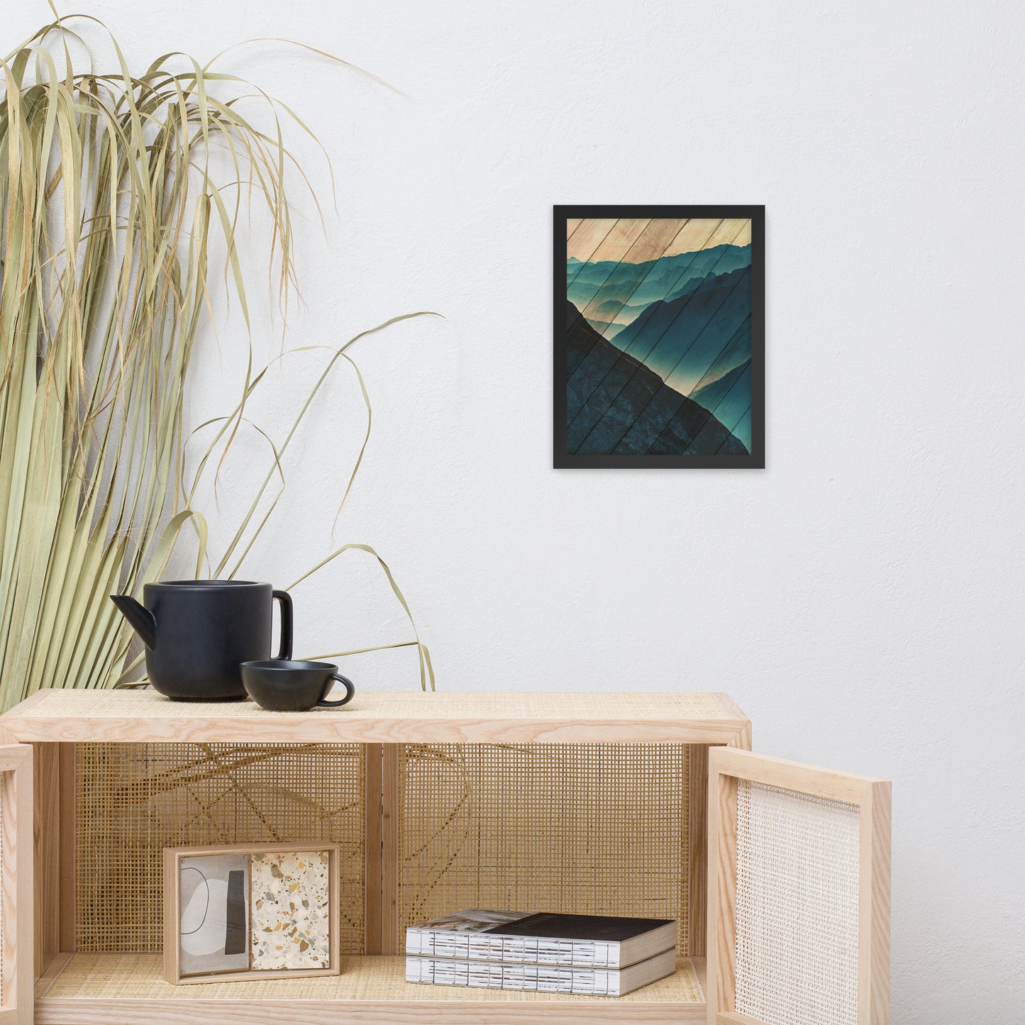Faux Wood Misty Blue Silhouette Mountain Range Landscape Framed Photo Paper Wall Art Prints