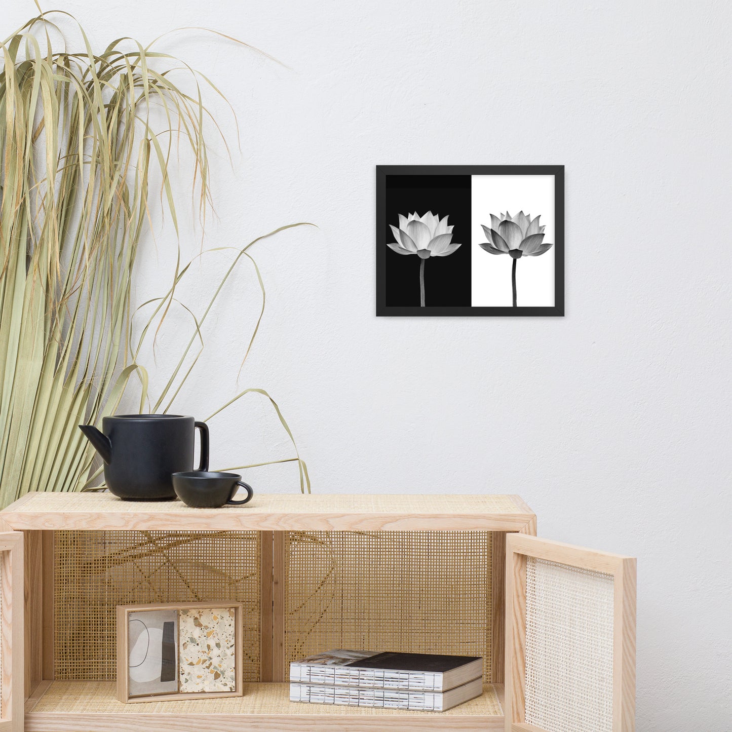 Lotus Flower on Black and White Background Floral Nature Framed Photo Paper Poster