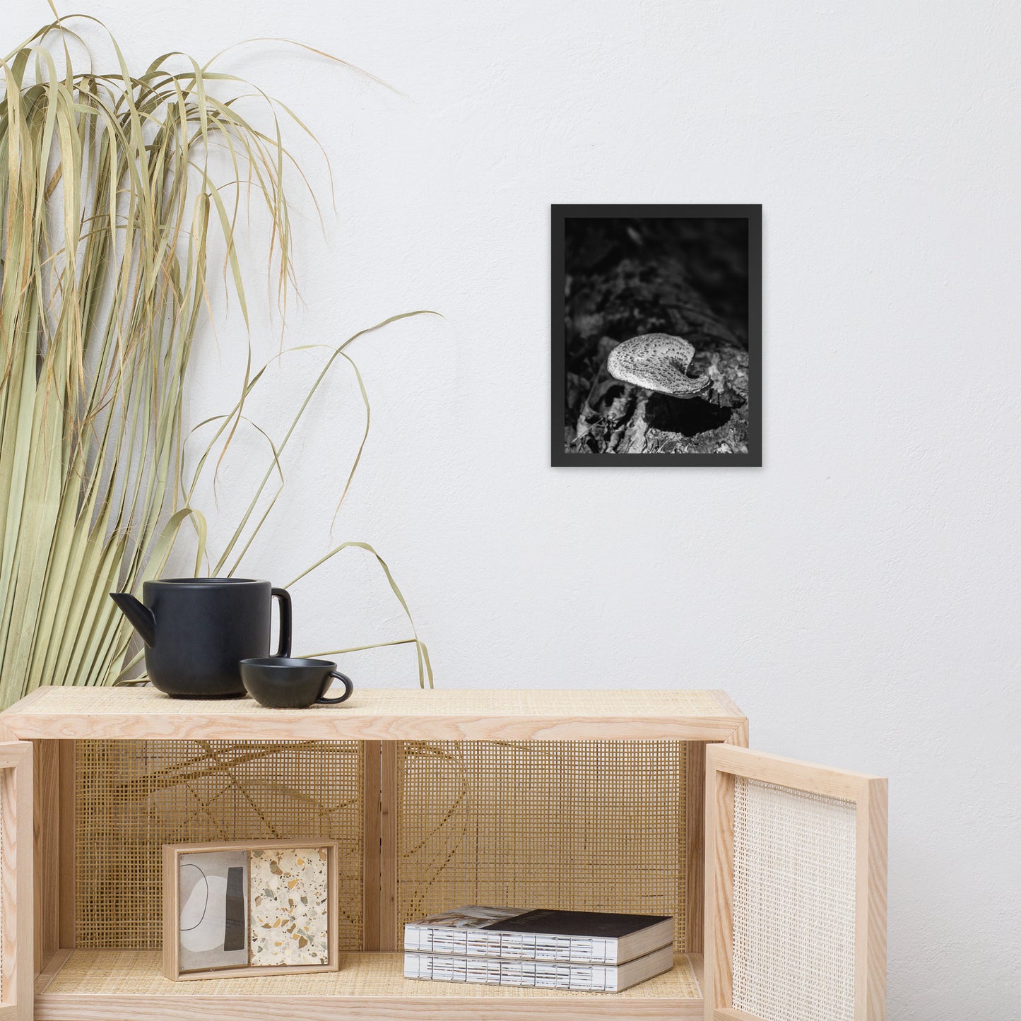 Rustic Decor Art: Mushroom on Log in Black and White Botanical Nature Photo Framed Wall Art Print