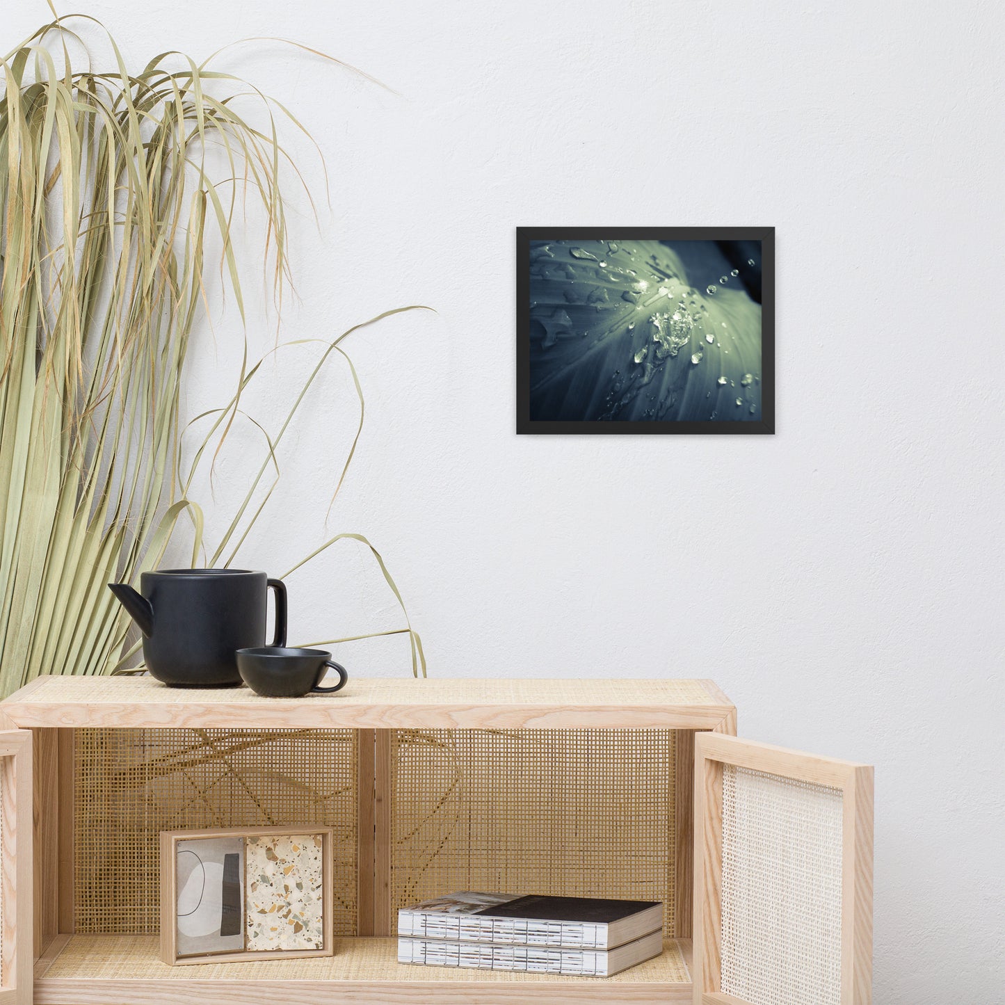 Rain Dropping on Canna Leaf Botanical Nature Photo Framed Wall Art Print
