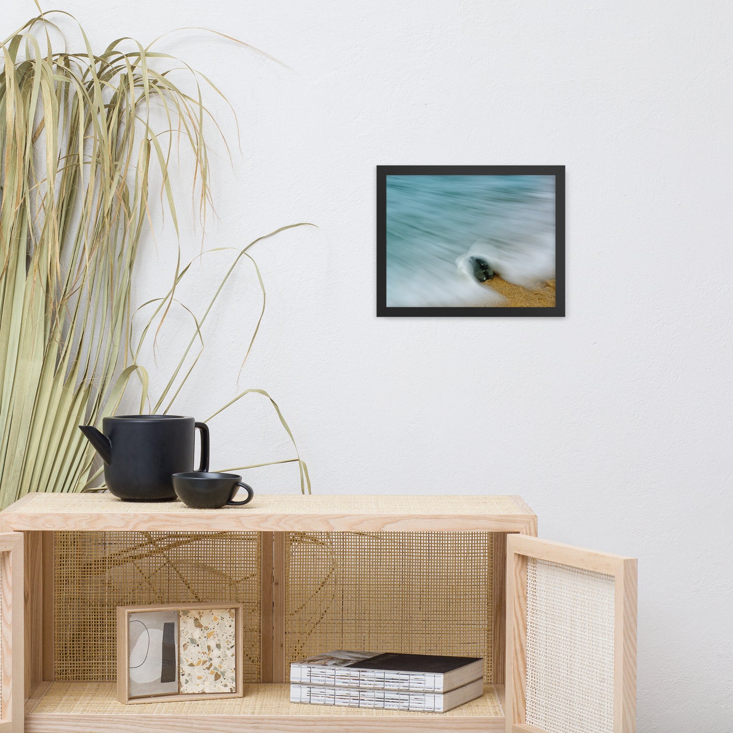 Whelk Seashell and Misty Wave Coastal Nature Photo Framed Wall Art Print