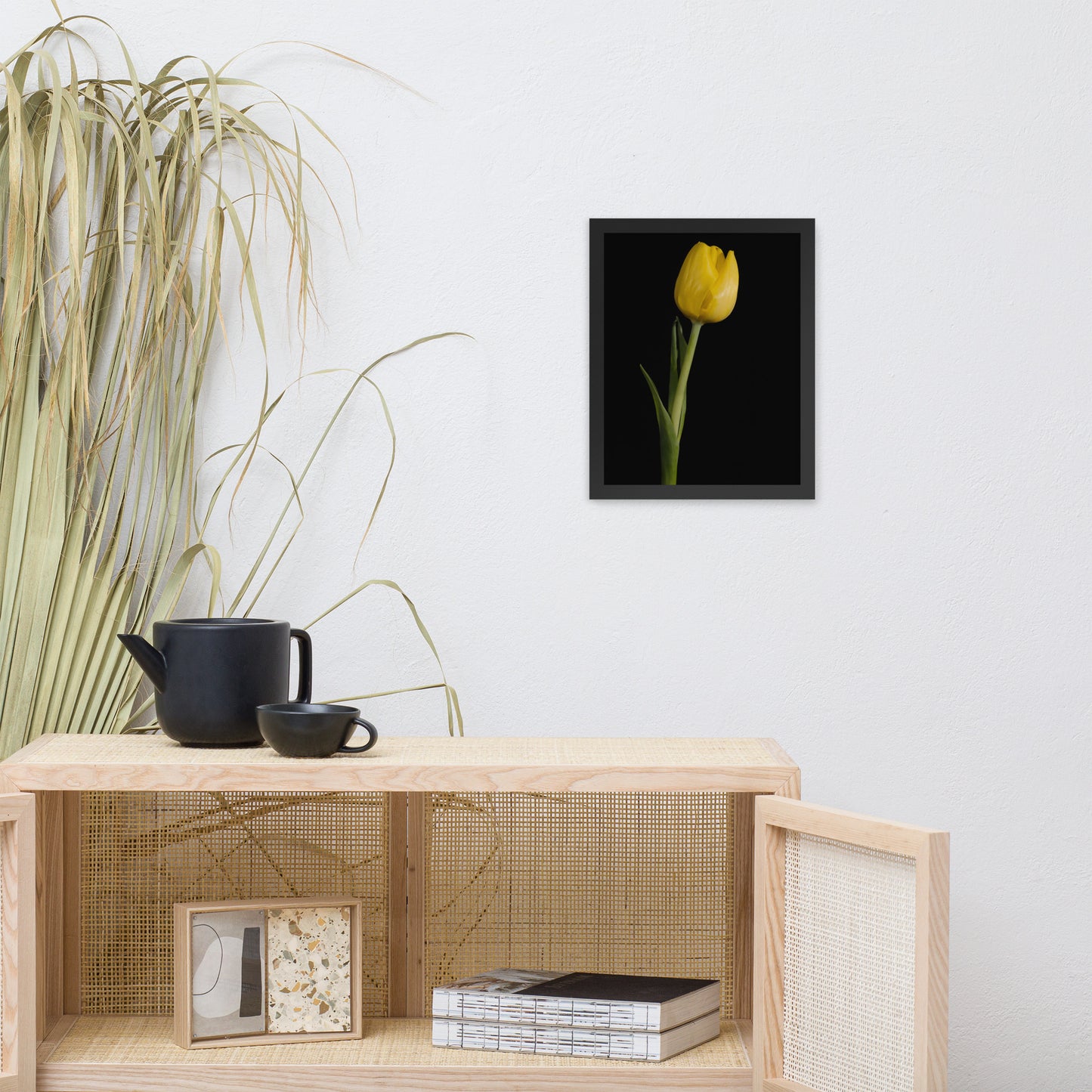 Yellow Tulip on Black Floral Nature Photo Framed Wall Art Print