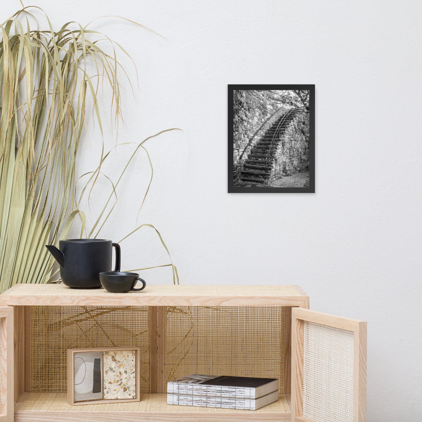 Black and White Old Stone Stairs River Street Savannah Ga Framed Wall Art Print