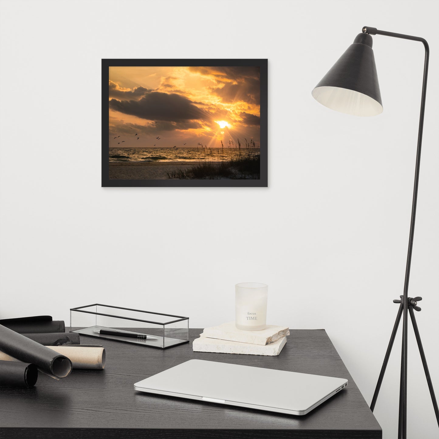 Masculine Home Office Wall Decor: Anna Maria Island Cloudy Beach Sunset 1 - Coastal / Beach / Seascape / Nature / Landscape Photo Framed Wall Art Print - Artwork